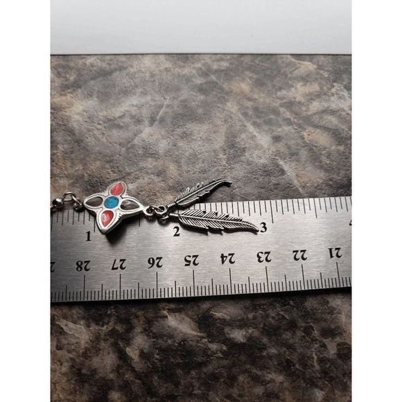 Silver-tone and Turquoise Green/Red Star w/Feathers Earrings - 3" inches - Picture 3 of 4